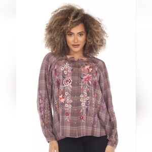 Johnny Was Workshop Plaid Curacao Embroidered Raglan Blouse Size Small